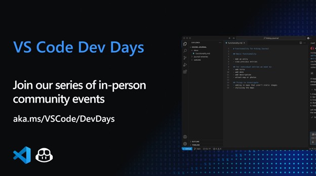 Promotional banner for VS Code Dev Days, featuring event details and a screenshot of Visual Studio Code with a file named 'functionality.md' open. The left side includes the event title, a call to join in-person community events, and a URL (aka.ms/VSCode/DevDays), along with icons for Visual Studio Code and GitHub Copilot