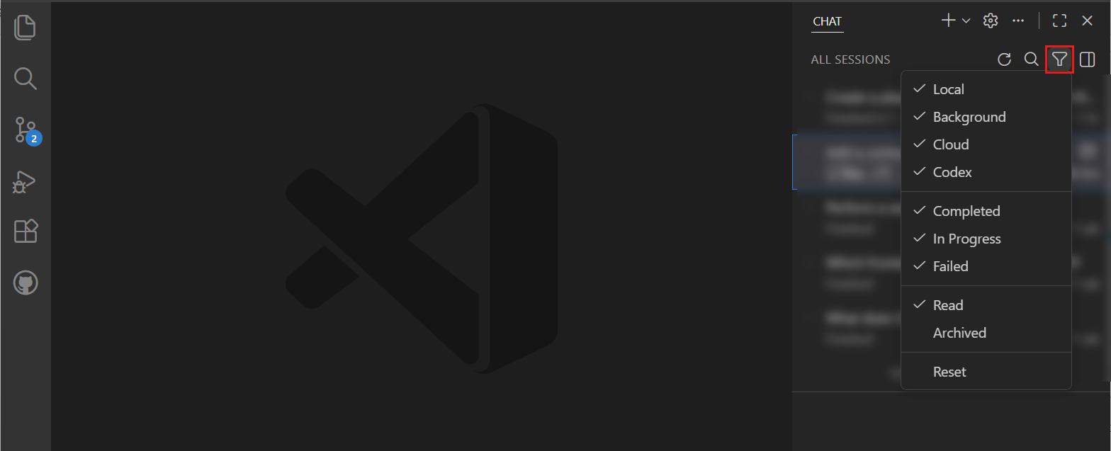 Screenshot of the agent sessions view filter dropdown.