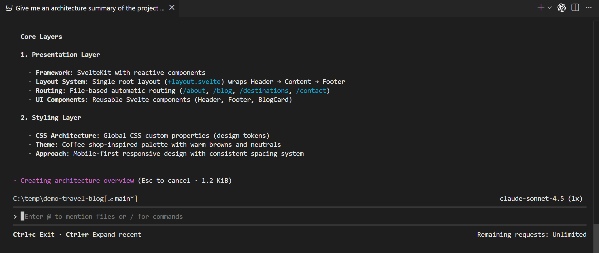 Screenshot showing the Copilot CLI session inside VS Code.