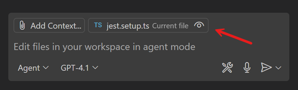 Screenshot of the Chat view, showing the active file as a suggested context item in the chat input box.