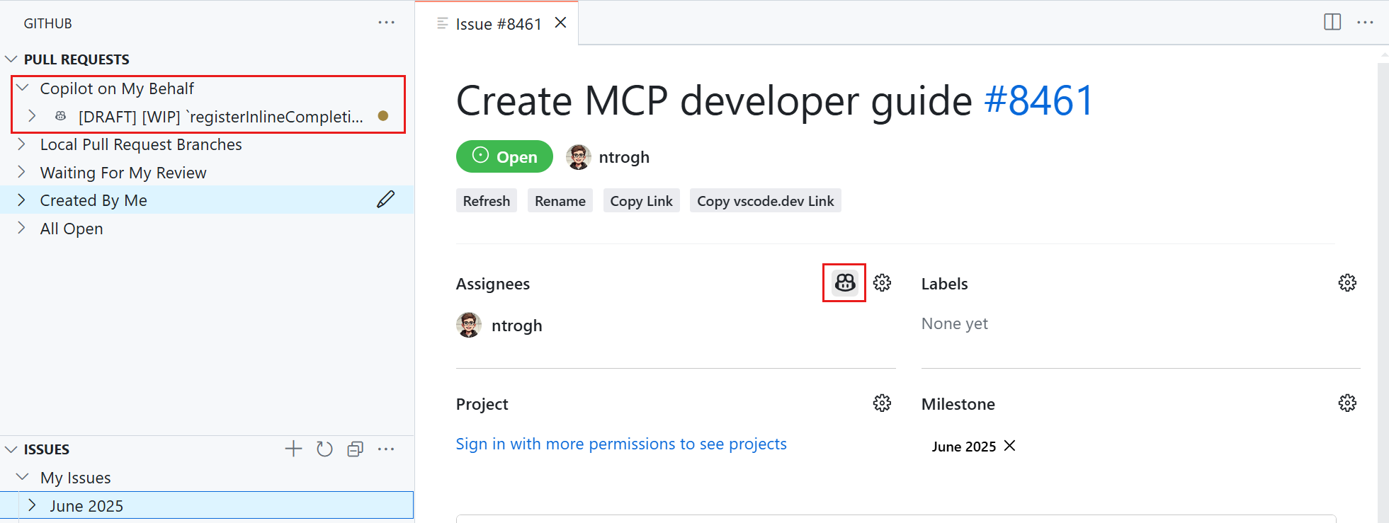 GitHub Pull Requests ビューのスクリーンショット。「Assign to Copilot」アクションと、Copilot に割り当てられた作業の PR クエリが強調表示されています。