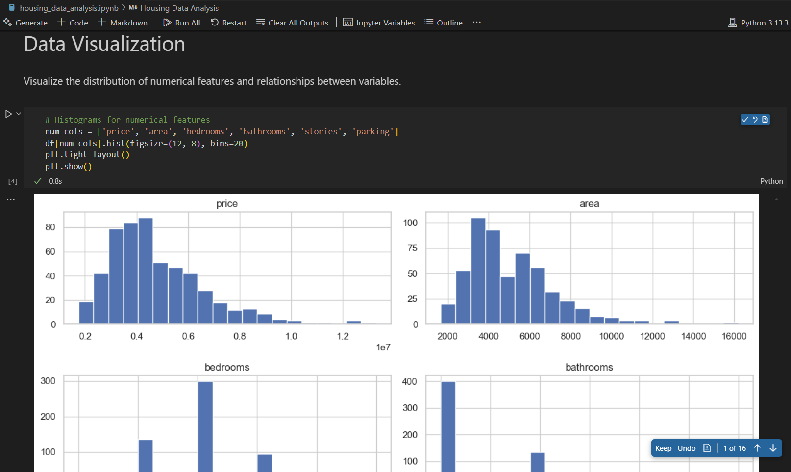 Screenshot that shows the response from agent mode to the prompt 'Perform data analysis of the data in housing.csv'.