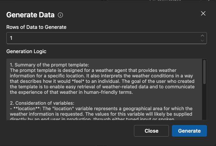 AI Toolkit の [データの生成] ダイアログを示すスクリーンショット。
