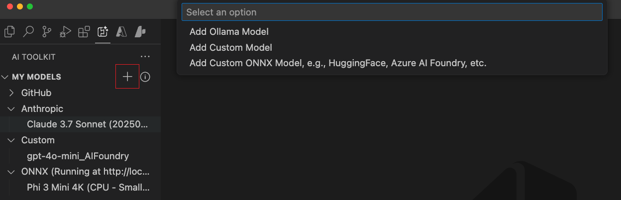 AI Toolkitインターフェースのスクリーンショット。モデルカタログのツールバーで「+ Add model」ボタンが強調表示されており、新しいカスタムモデルを追加するためにクリックできる場所を示しています。