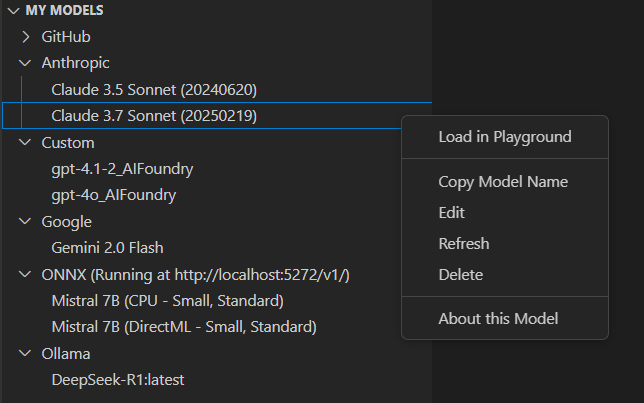 AI Toolkitインターフェースには、Playgroundで試す、ダウンロード、Playgroundにロードのオプションがあるモデルカードが表示されています。