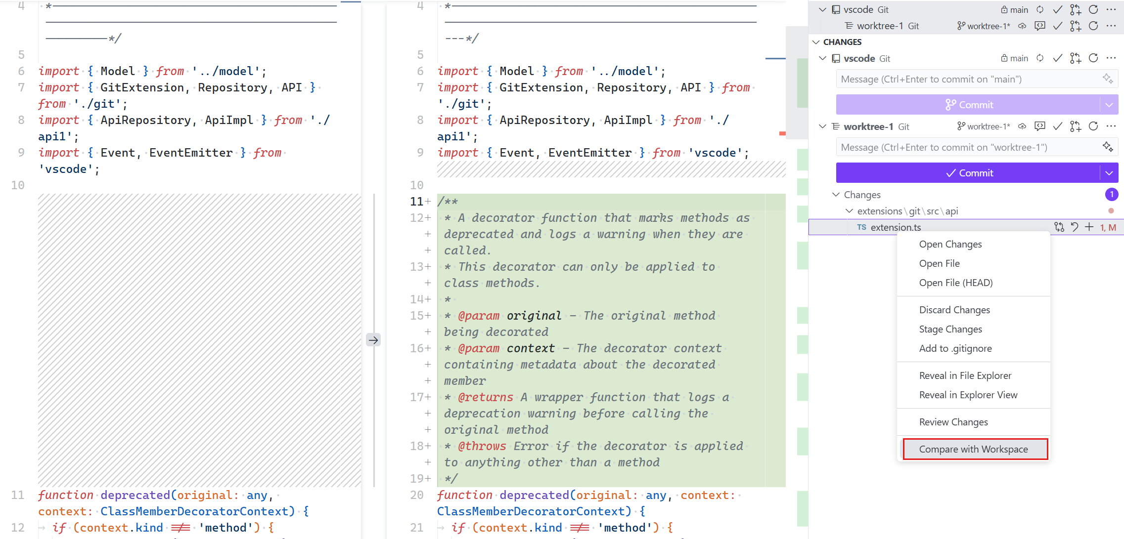 Screenshot of the context menu shown in the SCM view on a changed file in a worktree, with the Compare with Workspace option selected.