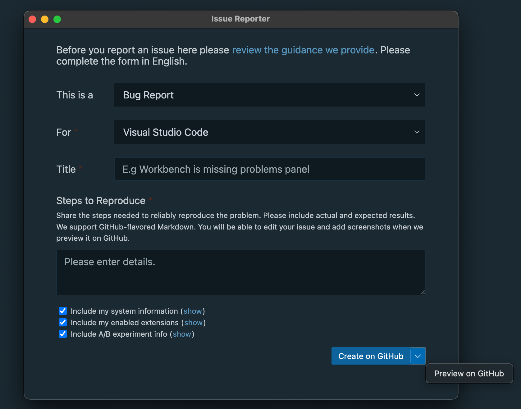 Screenshot of a dropdown showing Create on Github and Preview on Github in the issue reporter.