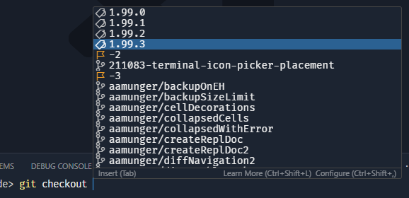 「git checkout」の補完でタグとブランチに新しいアイコンが表示されているスクリーンショット