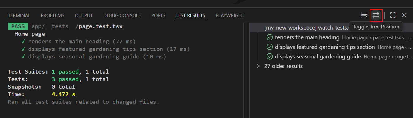 Screenshot of the Test Results view with the swap button highlighted.